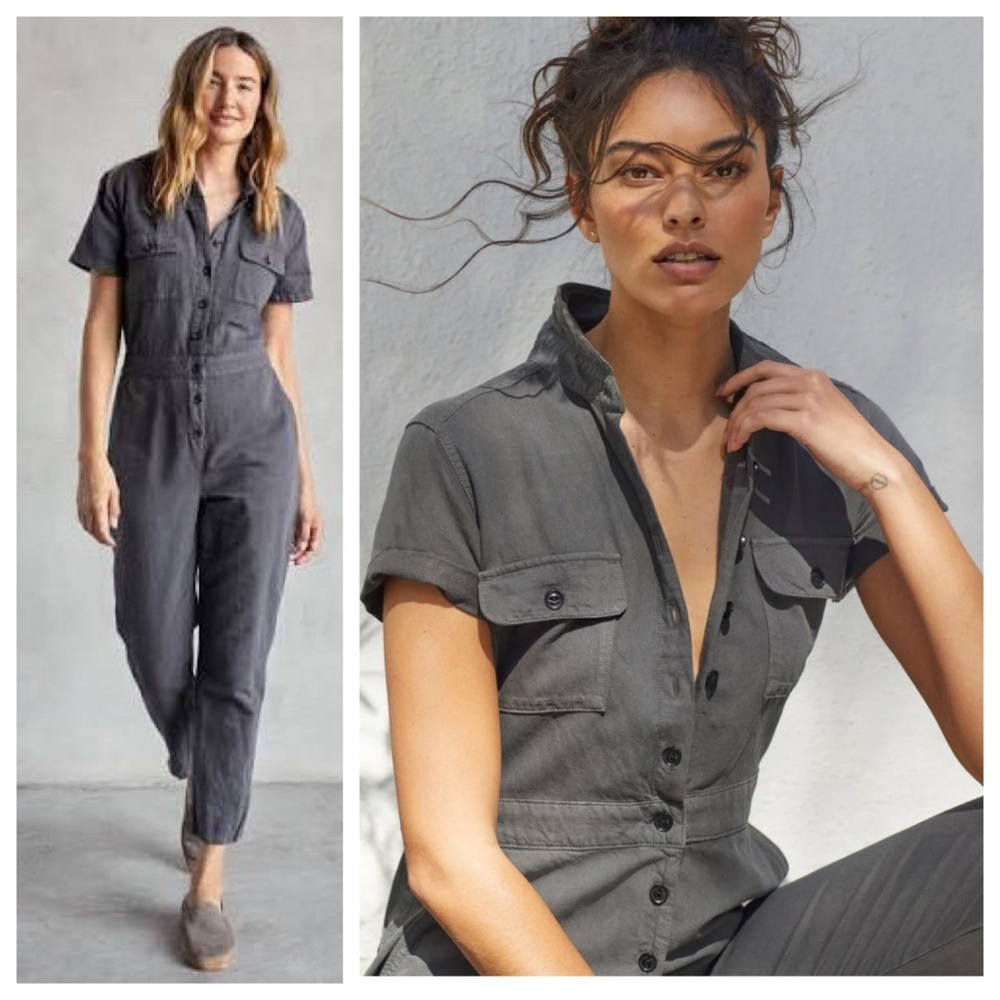 OUTERKNOWN S.E.A. Women’s S Dark Grey Utility Jumpsuit Short Sleeve Linen Blend